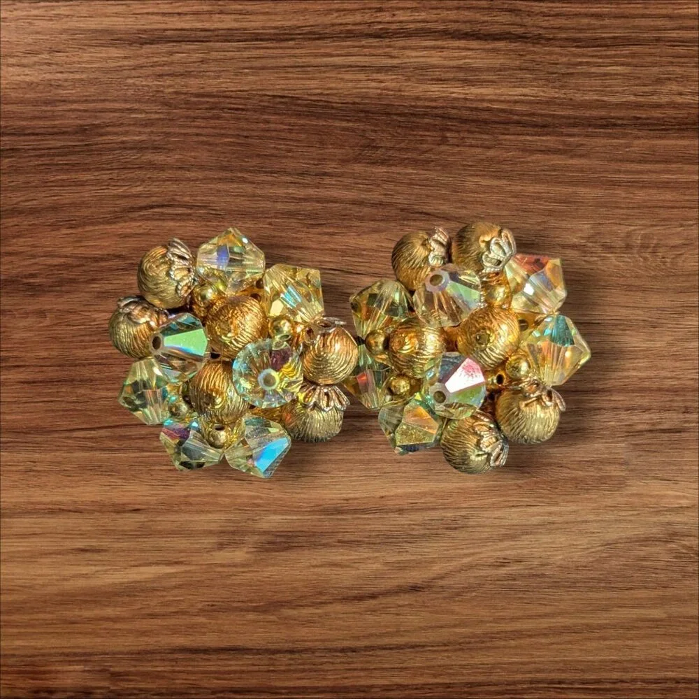Vintage Clip-On Earrings Aurora Borealis‎ Crystal Beads Cluster Retro Estate